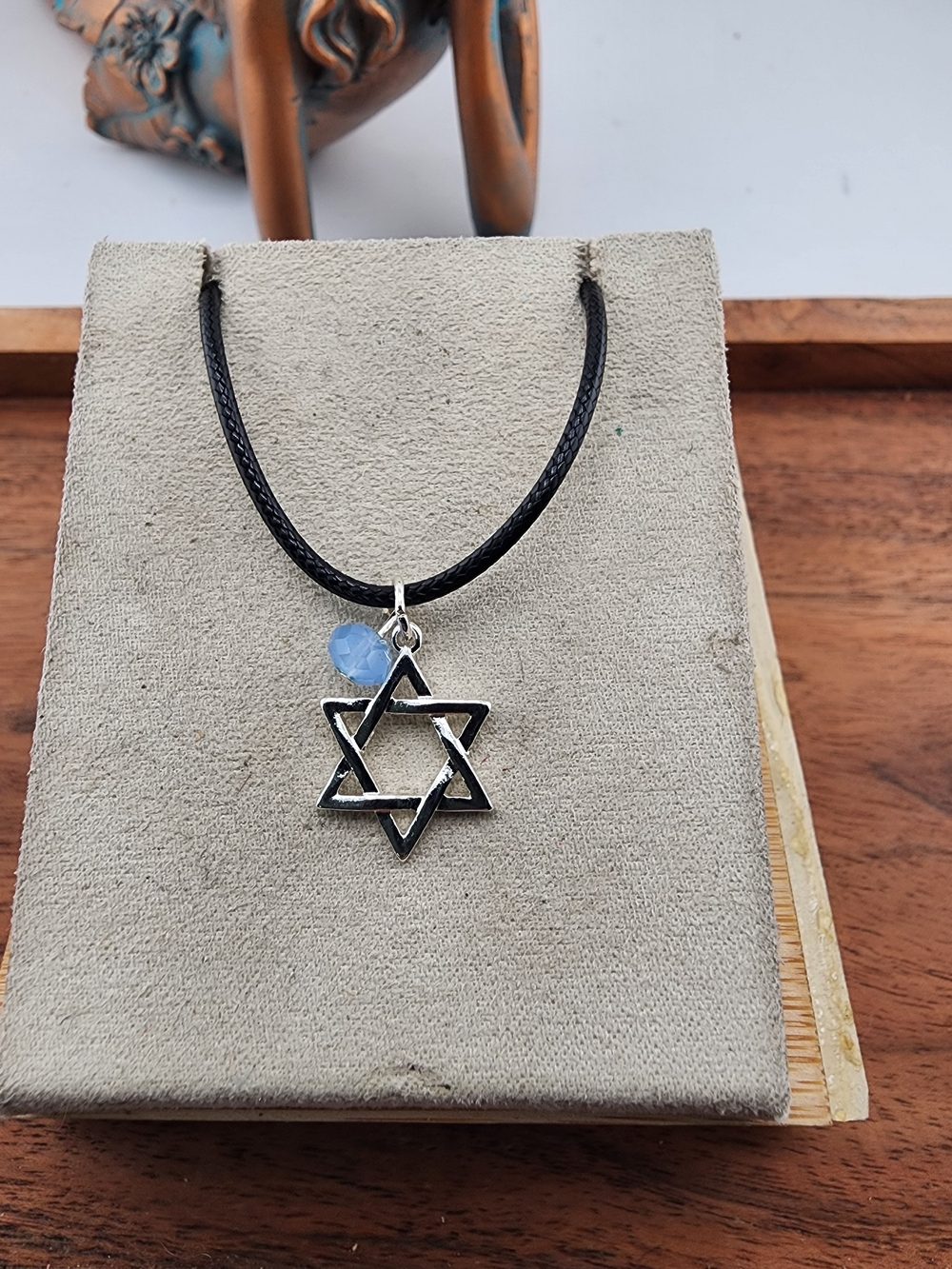 Silver Star of David Necklace with Light Blue Accent on Black Cord